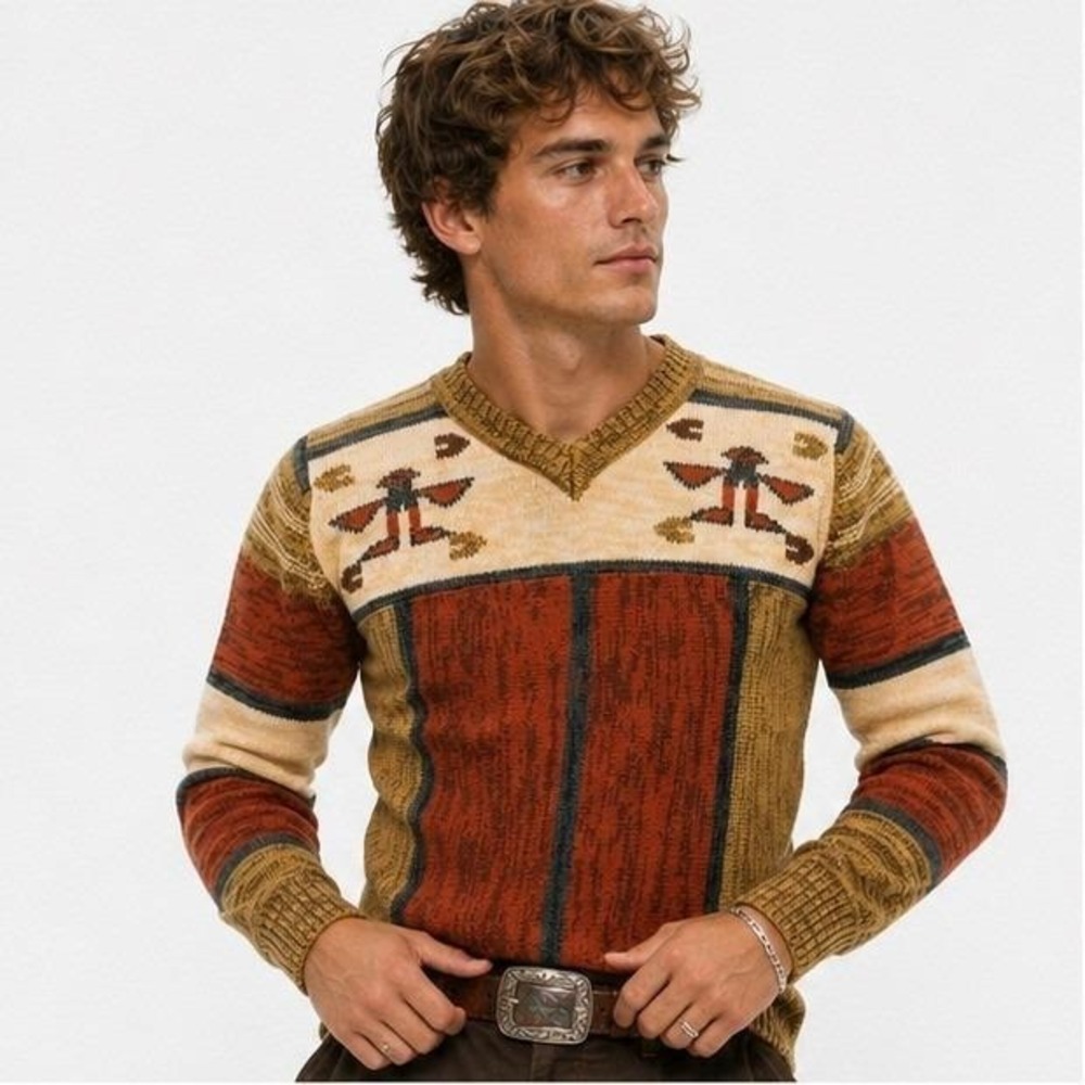 70s Vintage Thunderbird Sweater Mens S Rust Ivory V Neck Southwestern Graphic